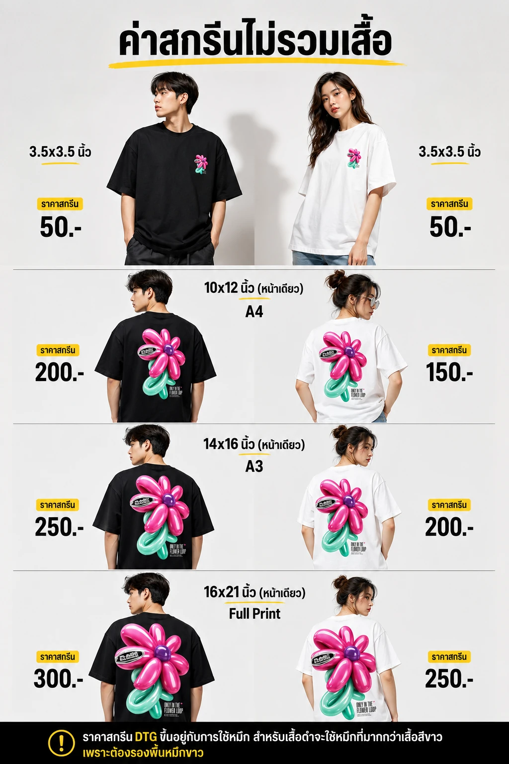 ตารางขนาดและราคาสกรีน DTG Cottonora DTG บนเสื้อสีดำและสีขาว